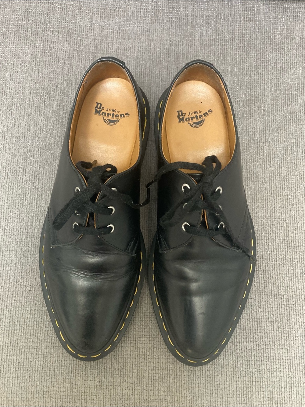 Dr. Martens Black Leather 3-Eye Derby Dupree shoe with Yellow Stitching